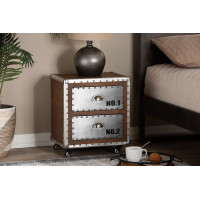 Baxton Studio DSG17A116-Light Brown-NS Avere French Industrial Brown Wood and Silver Metal 2-Drawer Rolling Nightstand